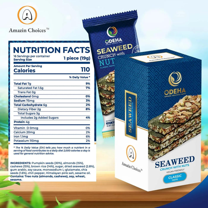 Amazin Choices Seaweed Crunch with Nuts Classic Taste - Snack Viet - Vegan Seaweed Snack Bars Packed with Nuts & Seeds | Tasty, On-the-Go Snacking - 4.02 oz (6 bars)