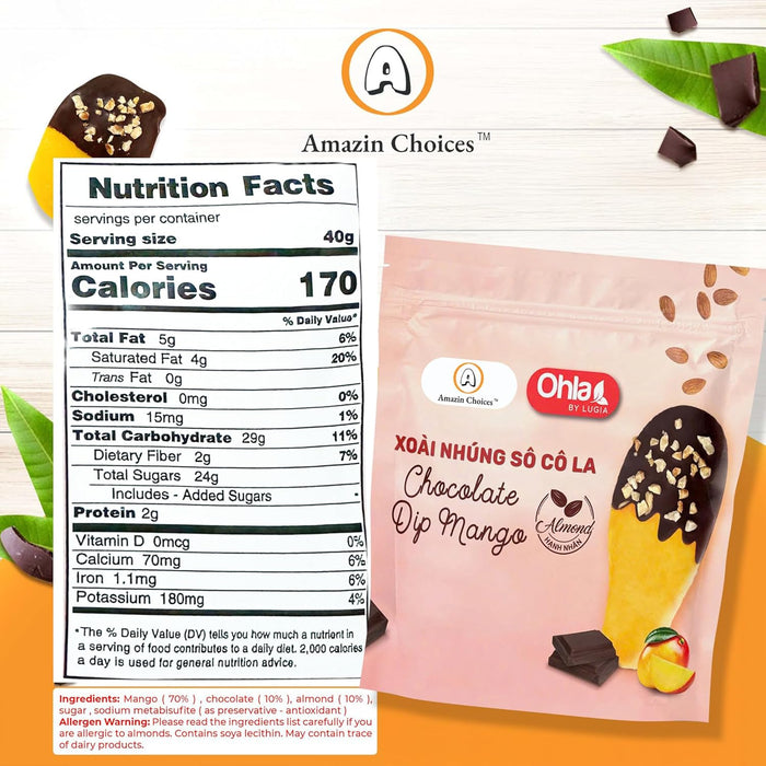 Vegan Dried Mango Slices Covered in Chocolate Almond Gluten-Free Snack Pack - Tropical Chocolate Covered Fruit Snack - Non-GMO Dry Mango Slices -Mothers Day Gift Snack - Premium Snack Viet by Amazin Choices (3.52 Oz)
