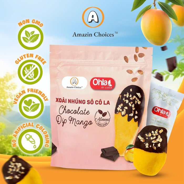 Vegan Dried Mango Slices Covered in Chocolate Almond Gluten-Free Snack Pack - Tropical Chocolate Covered Fruit Snack - Non-GMO Dry Mango Slices -Mothers Day Gift Snack - Premium Snack Viet by Amazin Choices (3.52 Oz)