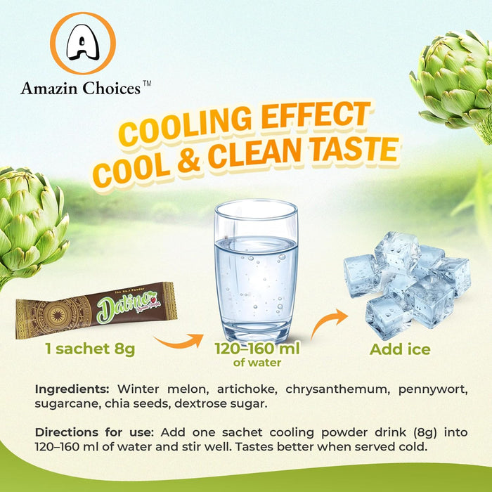 Heat-Relieving Drink Powder by Amazin Choices – Cooling Tea Powder with Chrysanthemum, Artichoke, Winter Melon & Black Tea - Combination Herbal Tea - 3 Pack/30 servings (1 serving = 1 sachet x 8g)