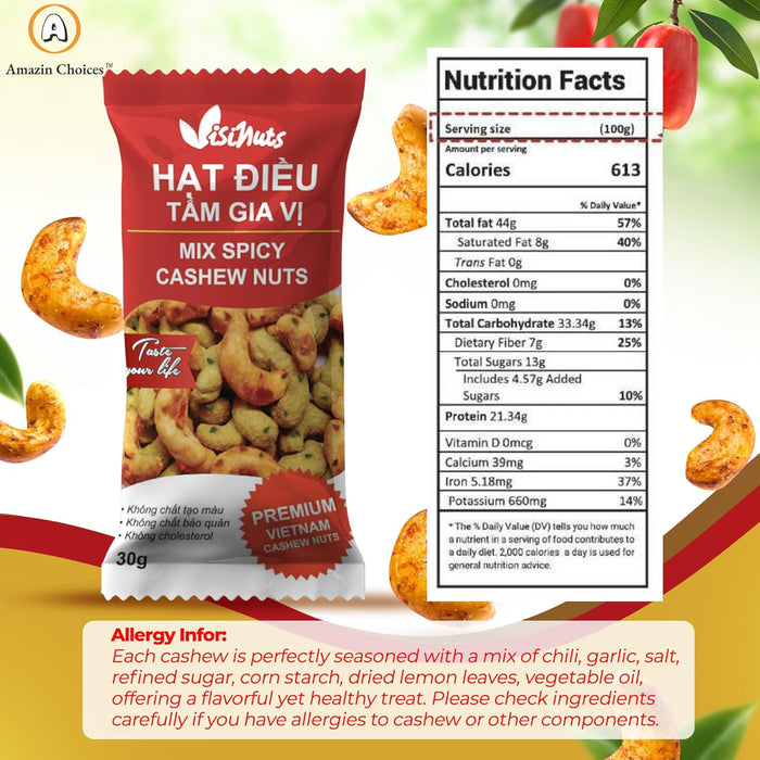 Amazin Choices Mix Spicy Cashew Nuts - Vietnamese Cashew Nuts Snack Pack, Snack Viet, No Cholesterol, Friendly Vegan, Keto, Perfect On-the-Go Delicous Snack for Kids & Adults (1.1oz)