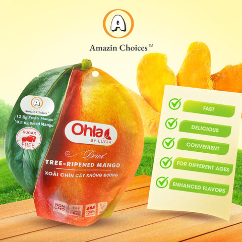 Amazin Choices Dried Tree-Ripened Mangoes - No Sugar, Non-GMO, Gluten Free, Vegan - Vietnamese Tropical Dried Fruit - Snack Viet - Fruit Snack - Healthy Snack- Soft Juicy Dried Mango Slices 7.05oz