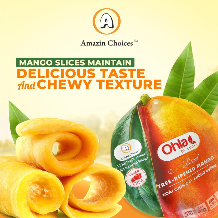 Amazin Choices Dried Tree-Ripened Mangoes - No Sugar, Non-GMO, Gluten Free, Vegan - Vietnamese Tropical Dried Fruit - Snack Viet - Fruit Snack - Healthy Snack- Soft Juicy Dried Mango Slices 7.05oz