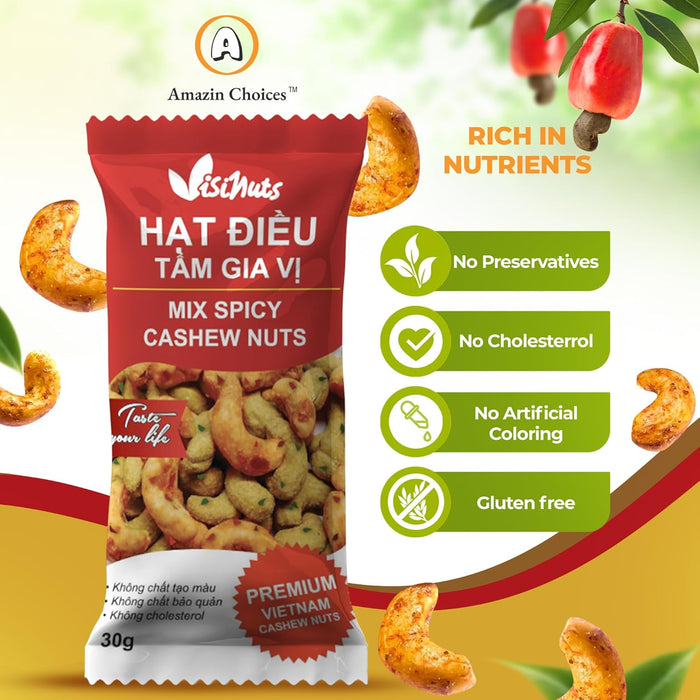 Amazin Choices Mix Spicy Cashew Nuts - Vietnamese Cashew Nuts Snack Pack, Snack Viet, No Cholesterol, Friendly Vegan, Keto, Perfect On-the-Go Delicous Snack for Kids & Adults (1.1oz)