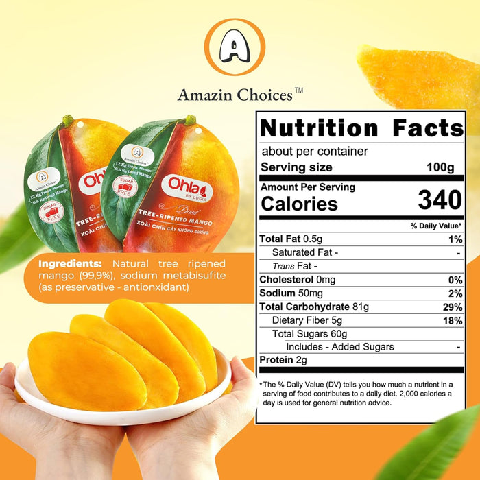 Amazin Choices Dried Tree-Ripened Mangoes - No Sugar, Non-GMO, Gluten Free, Vegan - Vietnamese Tropical Dried Fruit - Snack Viet - Fruit Snack - Healthy Snack- Soft Juicy Dried Mango Slices 7.05oz