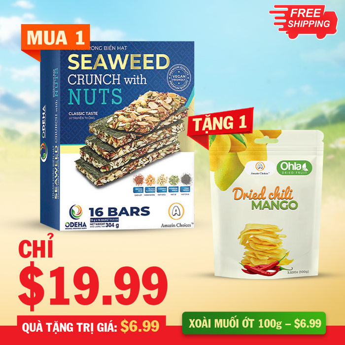 Amazin Choices Rong Biển Kẹp Hạt Cao Cấp (16 Thanh) – Snack Thuần Chay Lành Mạnh – Mua $19.99 Tặng Ngay Xoài Cay Sấy Dẻo 100g (Trị giá: $7.99 )