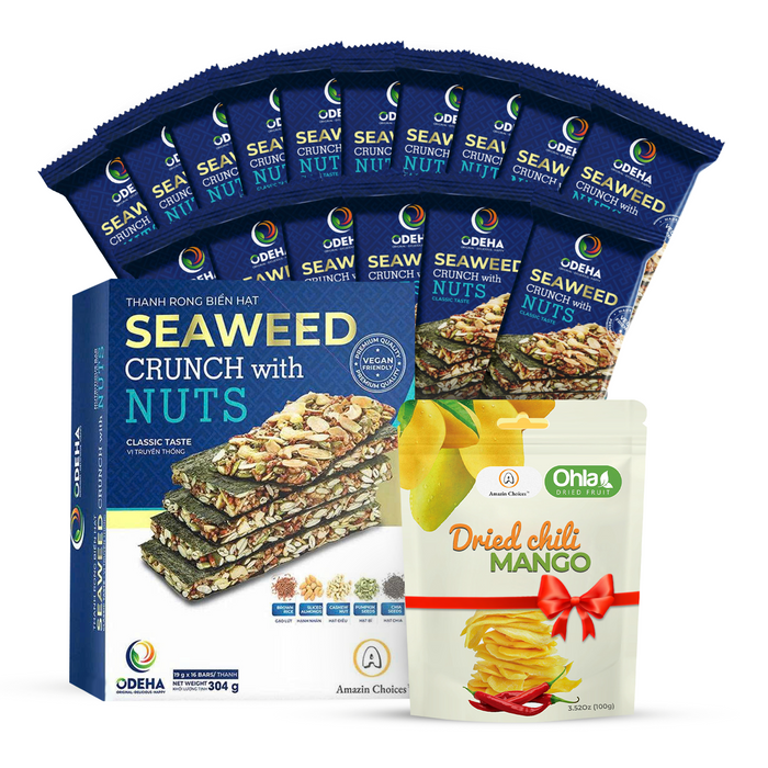 Amazin Choices Premium Seaweed Crunch with Nuts (16 Bars) – Healthy Vegan Snack – Buy for $19.99 Get FREE Dried Chili Mango 3.52oz ($7.99 Value) – Snack Viet
